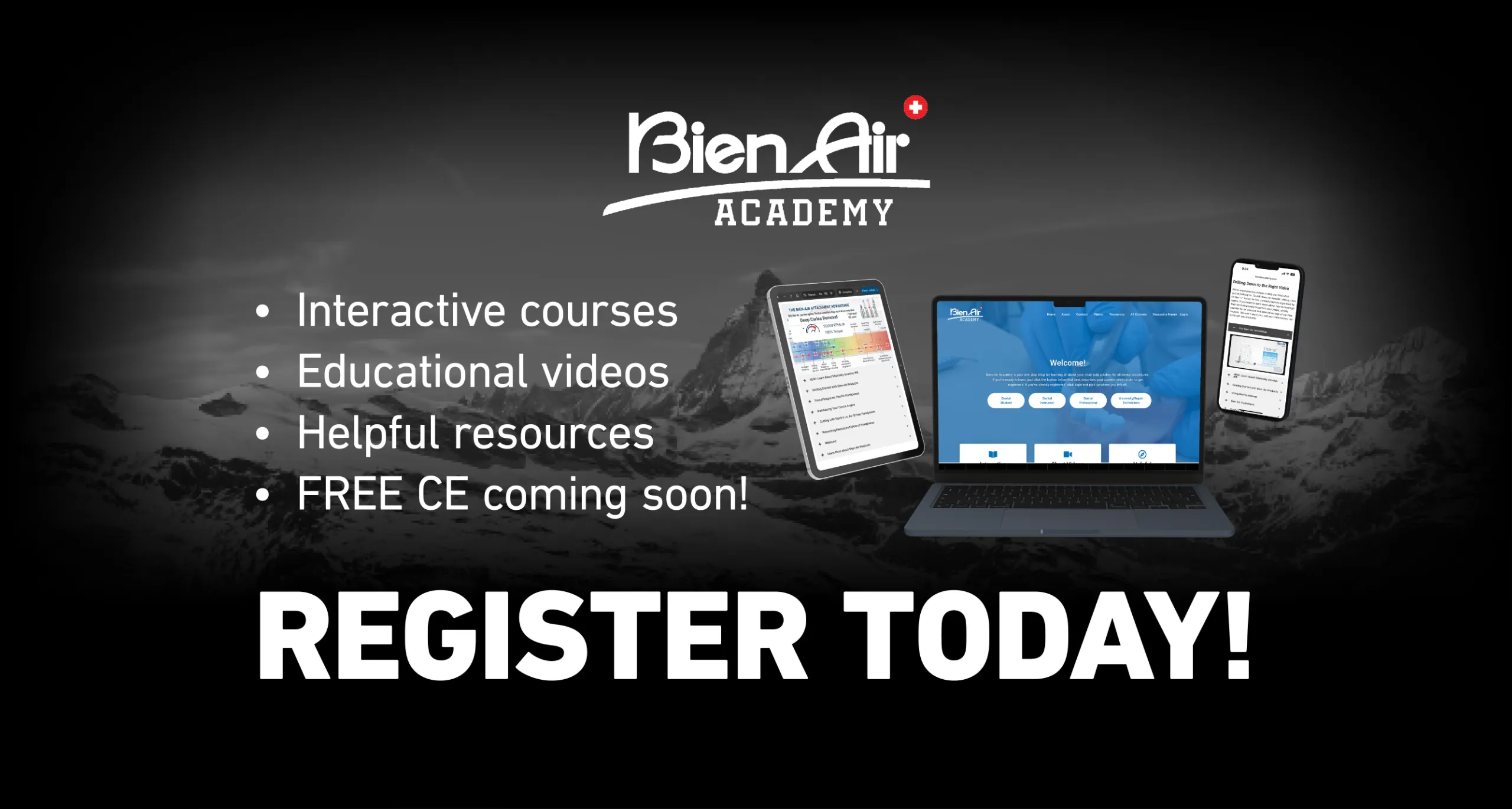 Front facing image of Bien-Air Academy on various screens with the text "Register Today" on it.