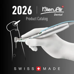 Image of Bien-Air's 2026 product catalog with a CA 20:1, internally irrigated implant handpiece.