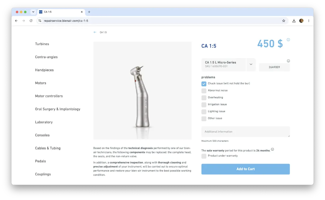 Preview of the Bien-Air repair service page