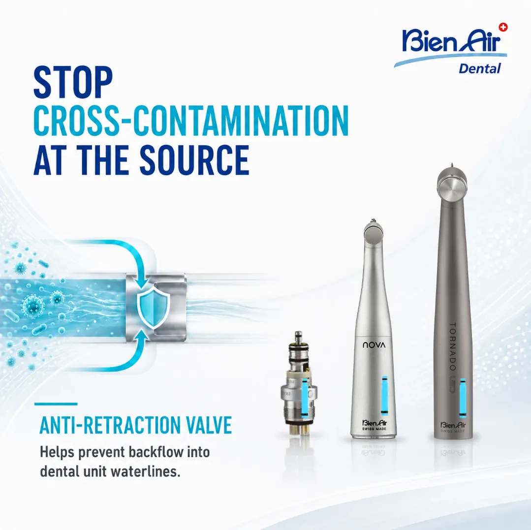 Bien-Air turbines, contra-angles, and Unifix coupler equipped with anti-retraction valves